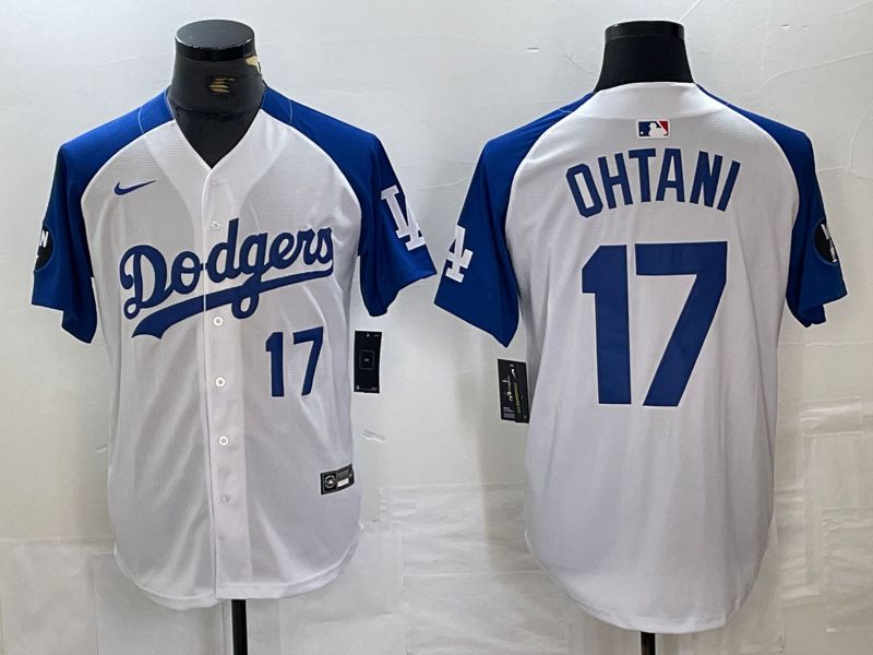 Men Los Angeles Dodgers #17 Ohtani White blue Fashion Nike Game MLB Jersey style 2